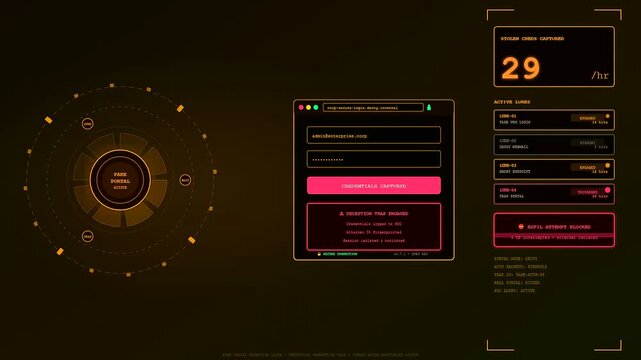 a sophisticated deception technology interface displays real time cyber security monitoring activity with flickering orange ui elements and glowing data nodes on a dark digital monitor