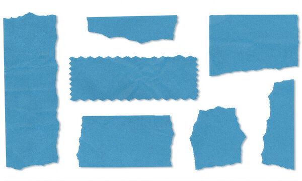 Set of blue paper scraps and torn tape strips isolated on transparent background