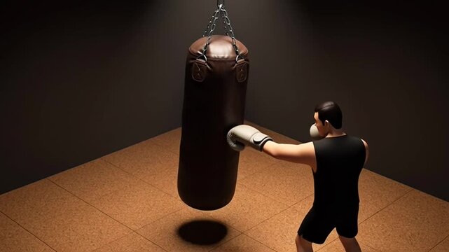 Professional Boxer Training with Heavy Punching Bag in Dark Gym Studio.