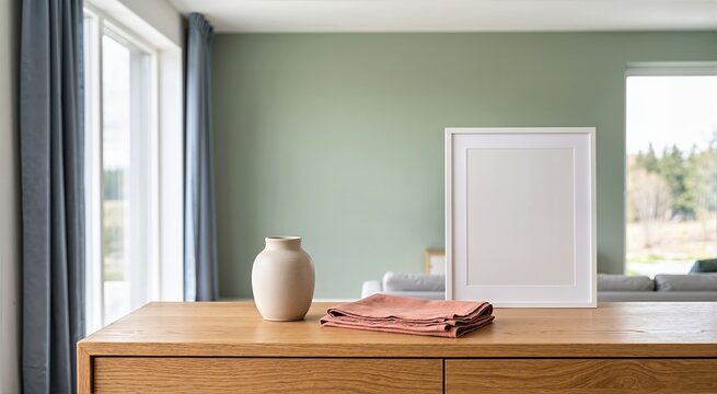 Blank white picture frame mockup standing on wooden console table next to terracotta linen napkin and ceramic vase. Modern interior living room display setup with sage green wall background