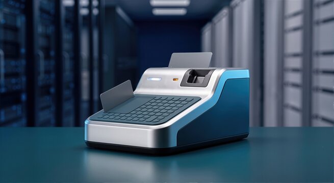 Electronic access control terminal with keypad and keycard inserted on desk in data center server room background. Security gateway device for hardware authentication and network protection