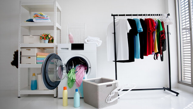 Modern Minimal Laundry Room Interior with Washing Machine at Home