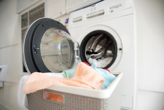 Modern Minimal Laundry Room Interior with Washing Machine at Home
