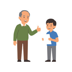Obraz premium Illustration of a senior grandfather praising his young grandson for his school homework success