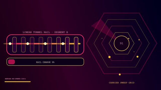 Electron tunneling cycles displayed on a digital interface featuring hexagonal patterns and glowing particle monitors showing changing values across three distinct phases of complex system operations