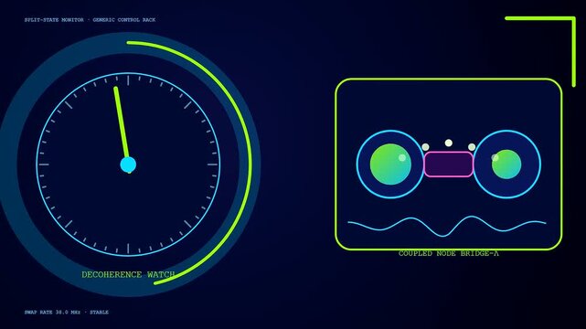 Digital displays showing electron tunneling patterns with rotating circular gauges and glowing interface elements set against a dark blue screen during active system monitoring sessions