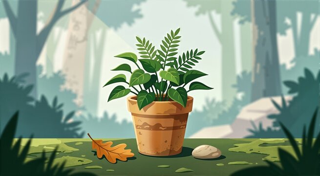 Illustration of a potted green fern plant in a weathered terracotta pot on mossy ground next to a fallen autumn leaf and stone. Sunlit forest background with trees, sunlight rays and foliage