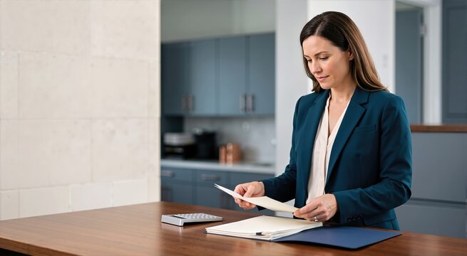Professional businesswoman in teal blazer standing at wooden desk reviewing paper documents. Female corporate employee inspecting finance folder, paperwork and calculator in modern office interior
