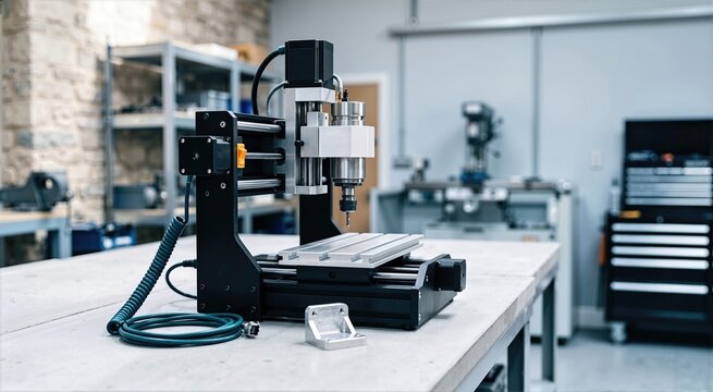 Desktop CNC milling machine with cut metal aluminum workpiece on technical workshop workbench. Precision carving machinery with blue coiled cable, drill press and tool chest background