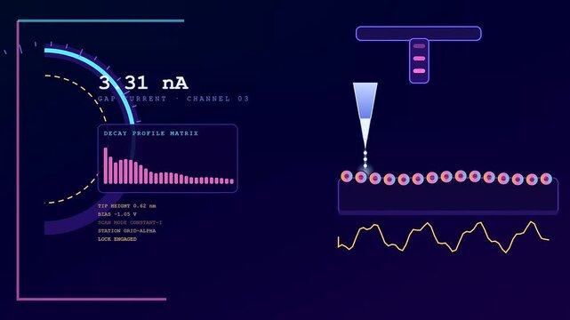 Three panels showing electron tunneling as a microscopic probe scans across a surface measuring electrical gap current intensity in a dark digital grid monitor interface