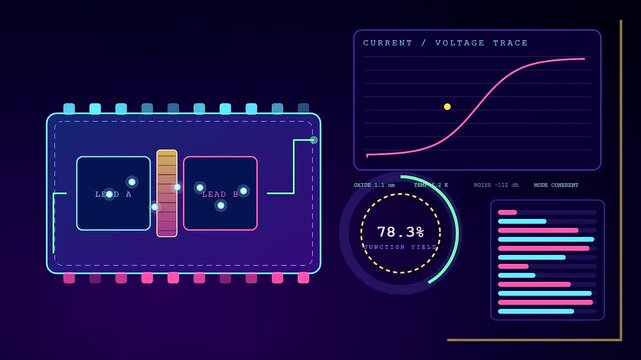 A digital electron tunneling simulation interface displaying real time particle movement across semiconductor junctions with glowing data charts and pulsating graphs on a dark violet monitor screen
