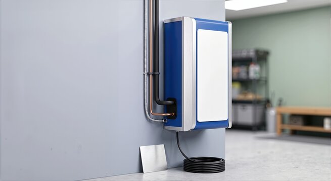 Wall mounted blue energy storage battery inverter unit with copper pipes and electrical conduits in modern utility room. Power system with coiled black cable installed on interior gray wall