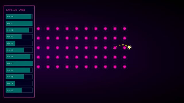 Abstract electron tunneling visualization depicts a luminous orb traversing through a dark grid of pink circular nodes located beside a vertical panel of data bars