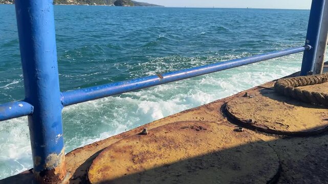 Ferry Boat Deck with Ropes and Metal Structure Over the Sea, Ilhabela, Brazil