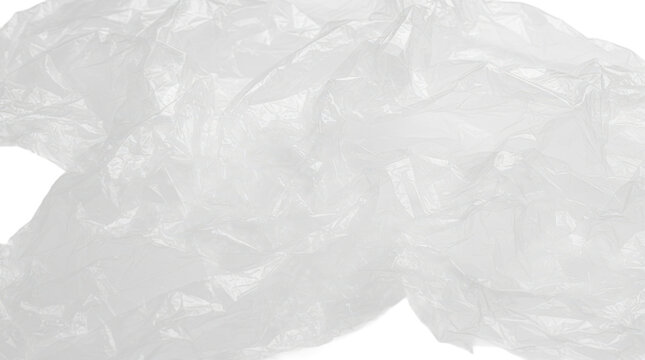 Crumpled transparent plastic wrap texture on white background