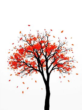 Simple tree silhouette with falling leaves in motion, line art, nature