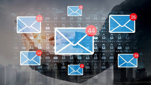 Digital communication concept with mail notifications and user icons representing email management and interaction in a modern technology environment Sigmoid