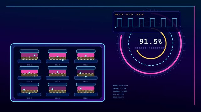 a scientific electron tunneling visualization display showing dynamic charge retention metrics and write pulse trains across multiple digital storage memory cells on a dark interface screen