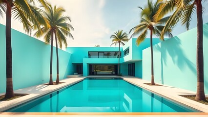 Fototapeta premium minimalist modern architecture villa with turquoise walls and swimming pool.