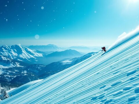Skiing down mountain slope, snowflakes falling, winter, terrain