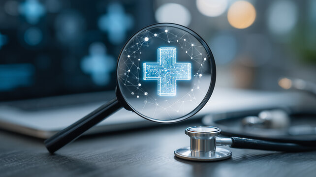 A magnifying glass examining a medical cross beside a stethoscope representing healthcare diagnostics clinical research and digital medicine
