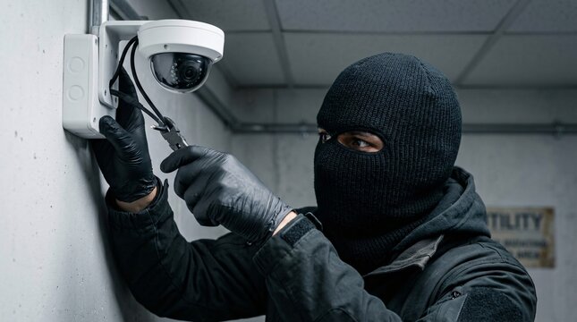 A burglar wearing a black balaclava and gloves using wire cutters to sever cables connected to a dome CCTV surveillance camera on a wall.