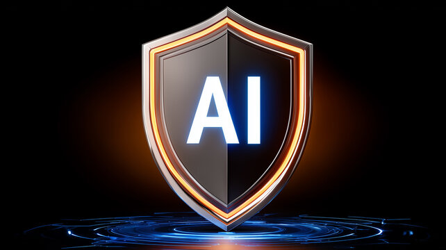A shield marked AI above a digital platform representing artificial intelligence security cyber defense and protected computing systems
