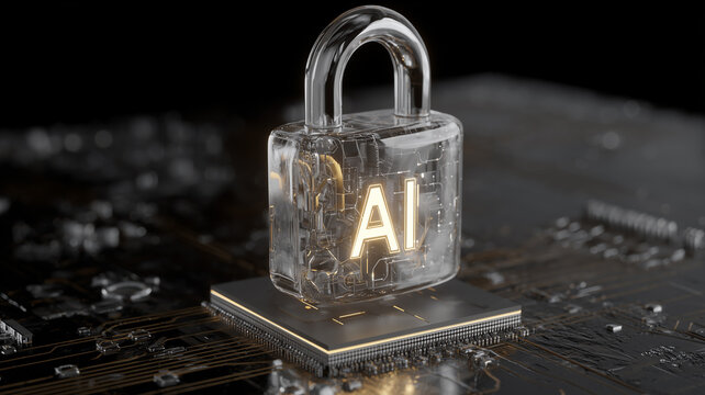 An AI padlock positioned on a microchip representing artificial intelligence security protected computing and advanced cybersecurity technology
