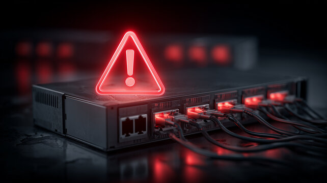 A warning symbol above a network device with connected cables representing system failure internet outage and critical infrastructure risk
