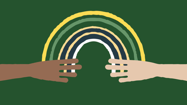 Diverse Hands Reaching Towards Each Other Under a Stylized Rainbow