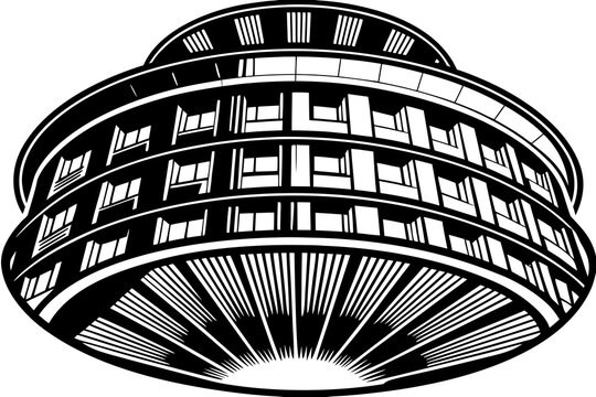 Black and White Illustration of a Modern Circular Building