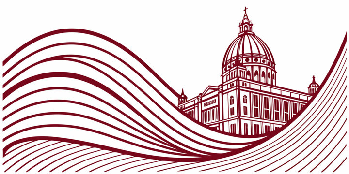 Stylized Architectural Illustration of a Domed Building with Abstract Waves