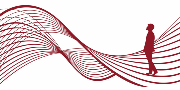 Silhouette of a man looking up on abstract red waves