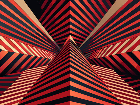 Abstract Red and Black Striped Geometric Pyramid Pattern