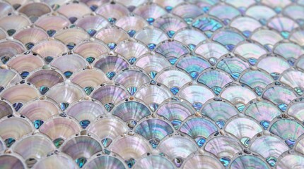 Fototapeta premium Mother Of Pearl Fan Scale Mosaic Pattern Iridescent Surface Texture