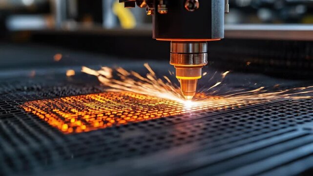 Laser cutting technology illuminating metal surface in industrial setting