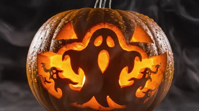 Halloween Jack o Lantern with Ghost Carving and Eerie Smoke
