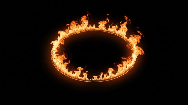 Glowing ring of bright orange fire burning in an oval shape on solid black
