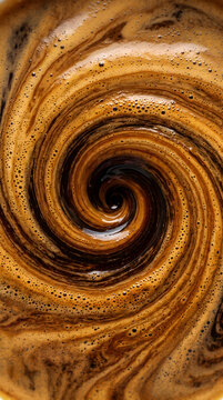 Close-up of a swirling espresso coffee vortex with rich golden crema foam