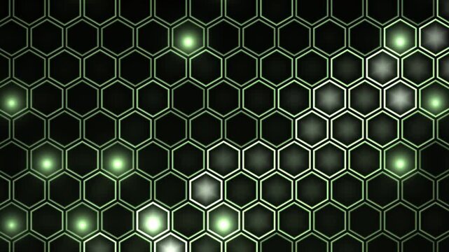 Abstract technological background with glowing green hexagons. Digital honeycomb pattern with bright light effects. Futuristic grid animation for science, data, and modern tech concepts.