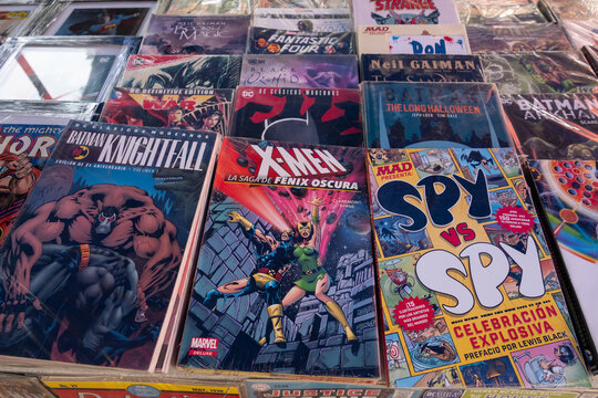 Zapopan Jalisco, Mexico - July 18, 2026: Various vintage comic books displayed for sale at a street market in Zapopan, Mexico.