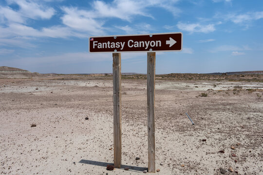 Fantasy Canyon sign with desolate background