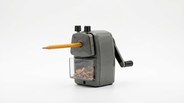 Vintage mechanical pencil sharpener with yellow pencil, retro grey metal desk accessory, classic office stationery on white background