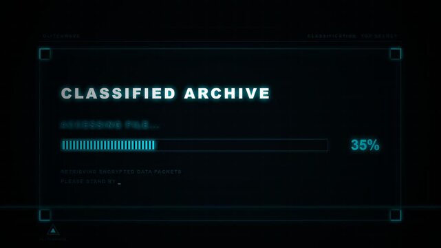 A glowing digital screen interface shows a classified archive loading bar at thirty-five percent completion as sensitive government information gets decrypted by an advanced cyber security