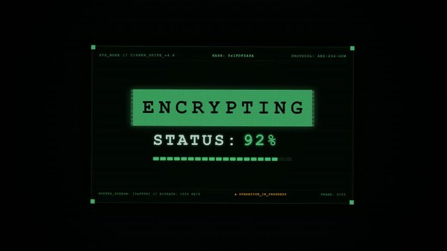 A digital computer interface displays an active process window where green text indicates that sensitive user information is currently undergoing a secure cryptographic transformation for data