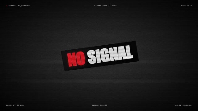 A vintage television monitor displays a broadcast interruption warning message with static interference patterns that indicate a technical failure across the entire transmission media