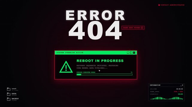 A digital screen displays a critical system failure notification with a progress bar indicating that a device is performing a necessary reboot sequence to resolve the unexpected connectivity