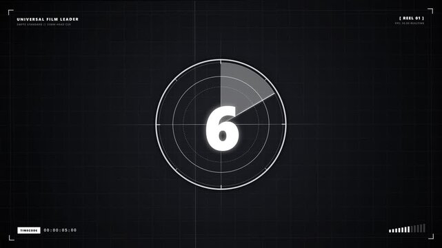 A cinema countdown leader shows the number six within a circular frame displayed on a dark technical grid pattern which signals the beginning of a professional film production for television