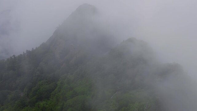 Wind clear fog and clouds on green mountain ridge in Shikoku, Japan