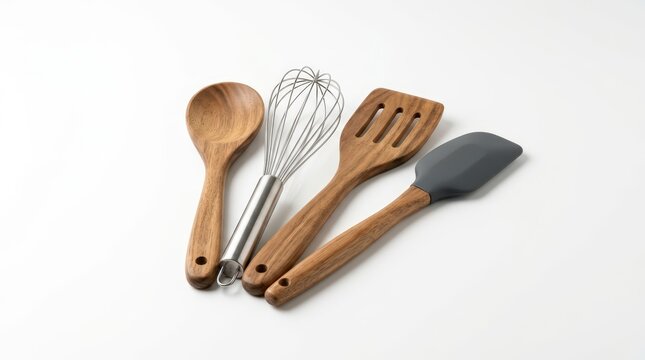 Wooden kitchen utensils set, bamboo spoon and spatula with metal whisk, silicone cooking tools on white background